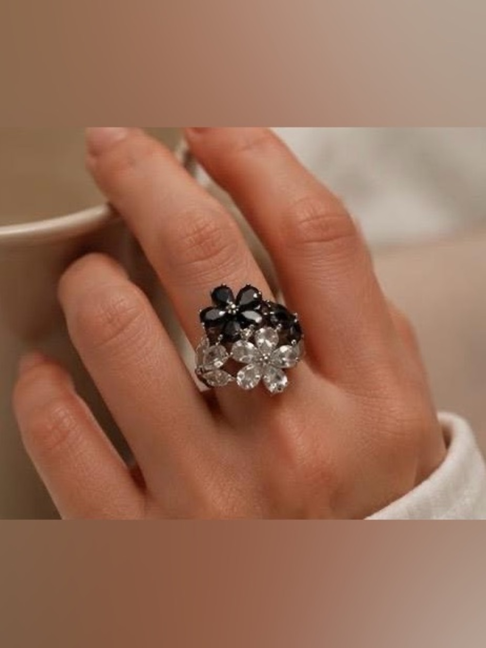 Anthropologie Black and Clear Floral Cluster Ring